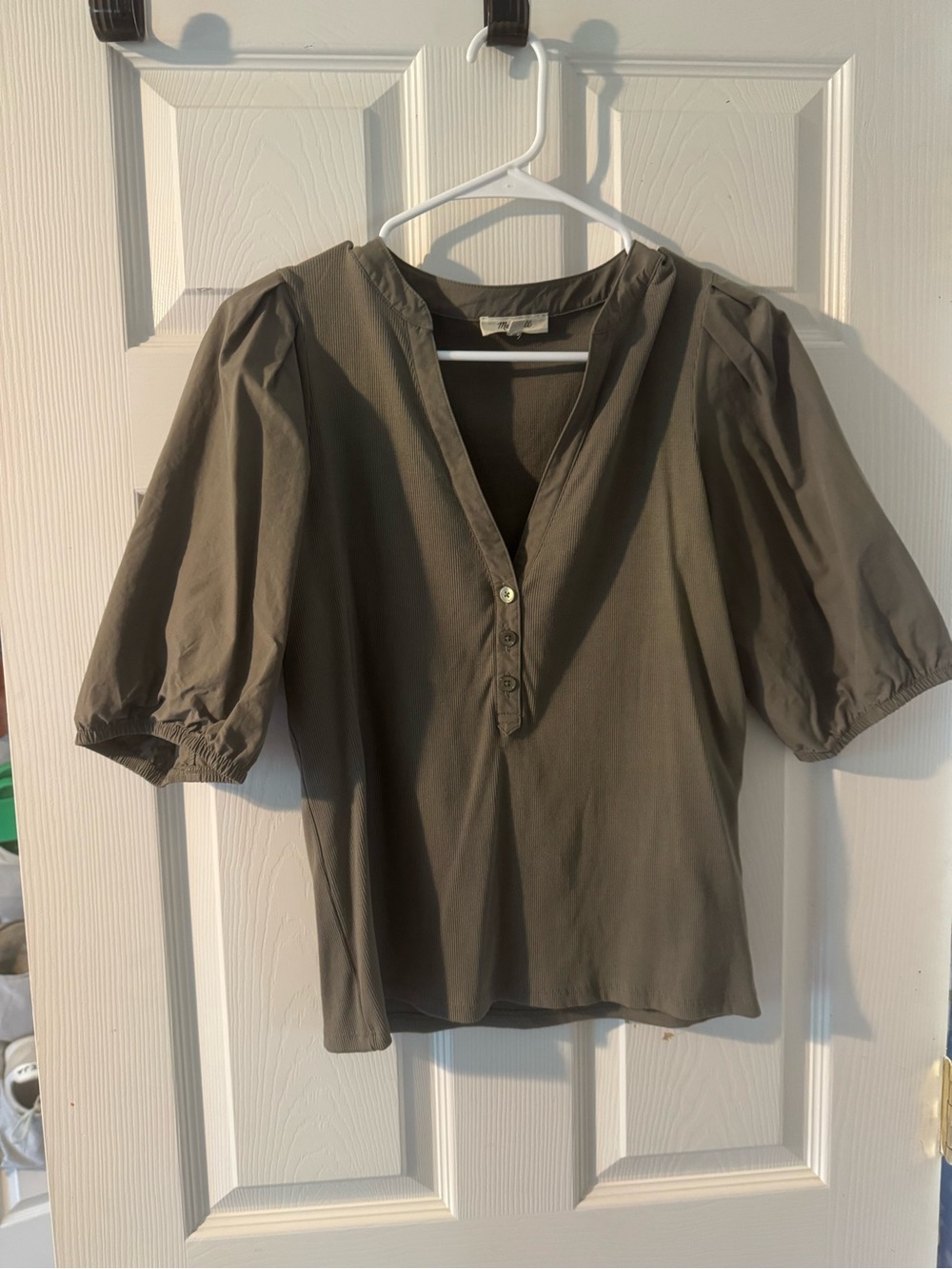 Madewell Olive Green Puff Sleeve Henley Blouse